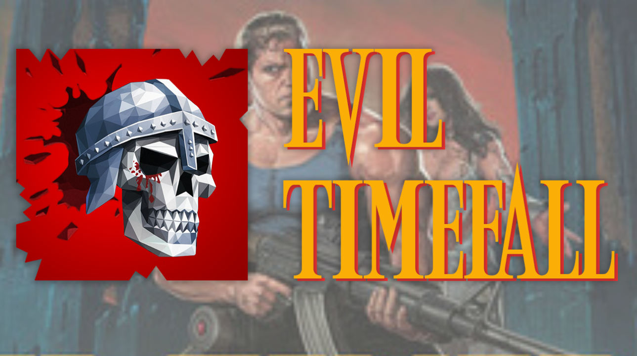 Evil Timefall game logo with a low-poly skull in a helmet over a red blood-splatter background and retro action-style artwork.