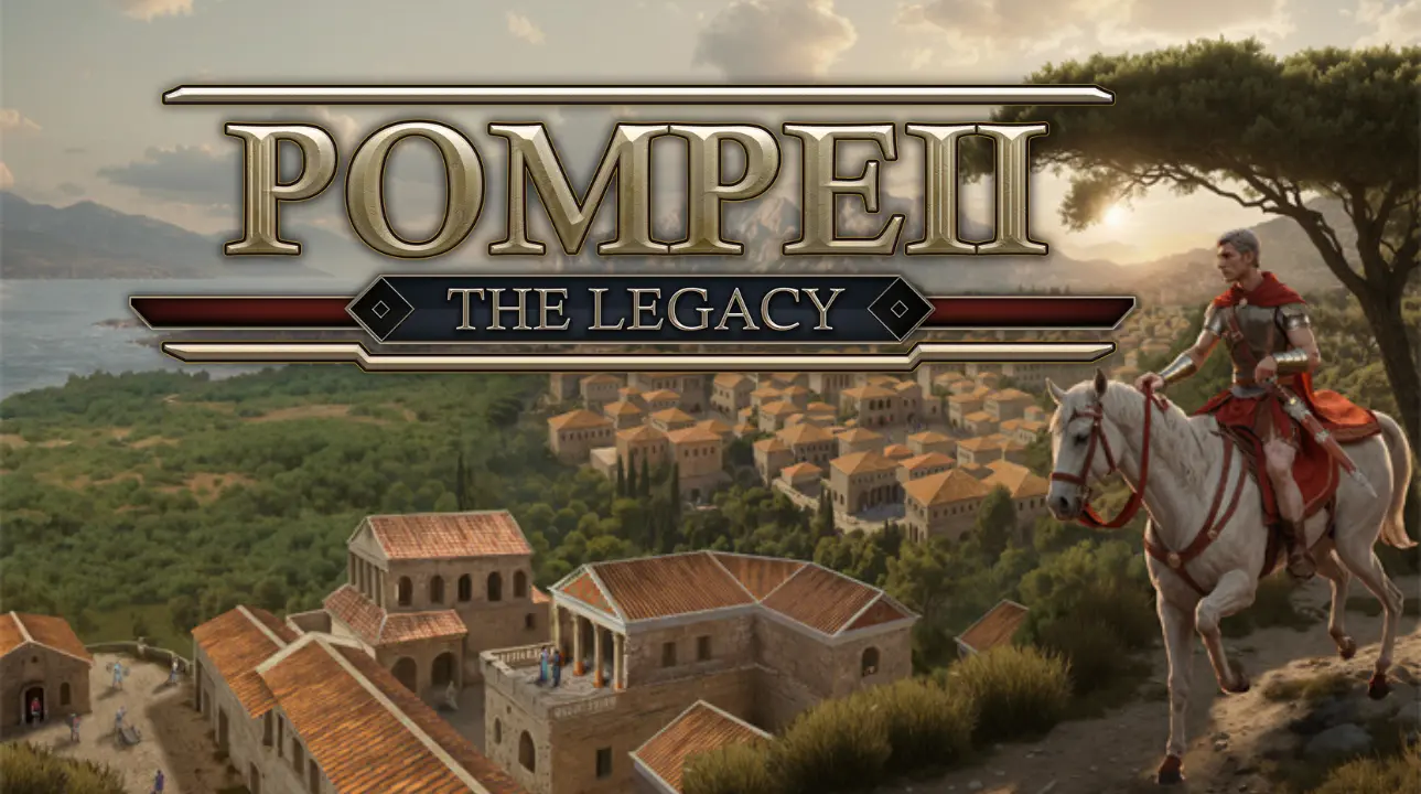 Roman soldier overlooking rebuilt ancient Pompeii city in Pompeii: The Legacy game artwork.