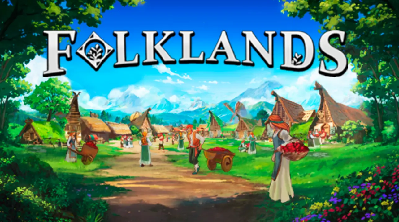 Colorful artwork of Folklands showing settlers in a vibrant, peaceful forest setting.