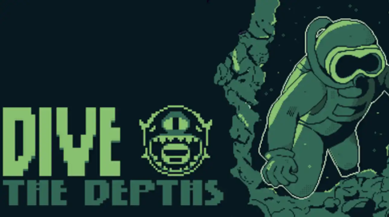 Pixel art of a diver in a retro-style green diving suit exploring an underwater cave, accompanied by the title ‘Dive the Depths’ and a pixelated emblem featuring an eye and sharp teeth.