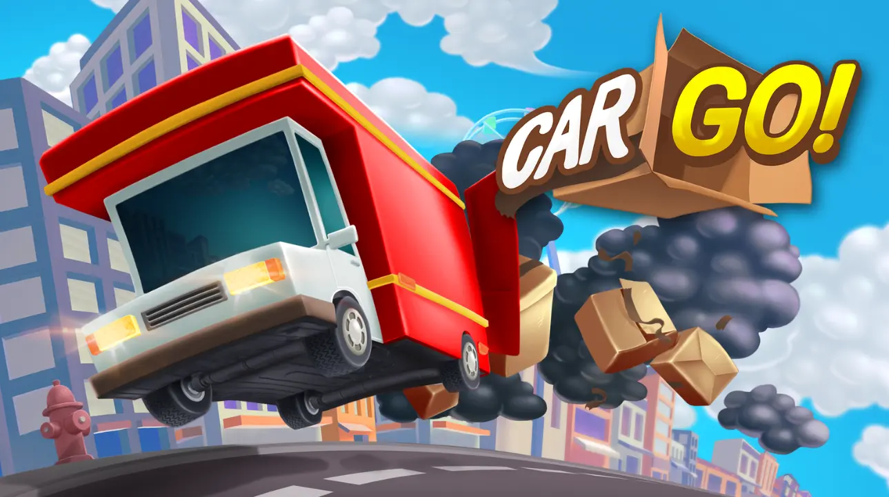 Cartoon-style red delivery truck speeding through a colorful cityscape in CarGo! arcade game cover