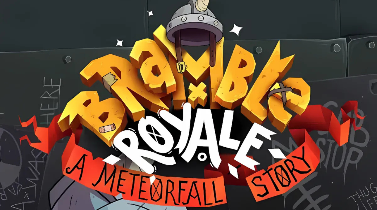 Promotional artwork for Bramble Royale: A Meteorfall Story, featuring a cartoonish, armored bear character making a victory hand sign, with graffiti-style text and a gritty background filled with symbols and tags.