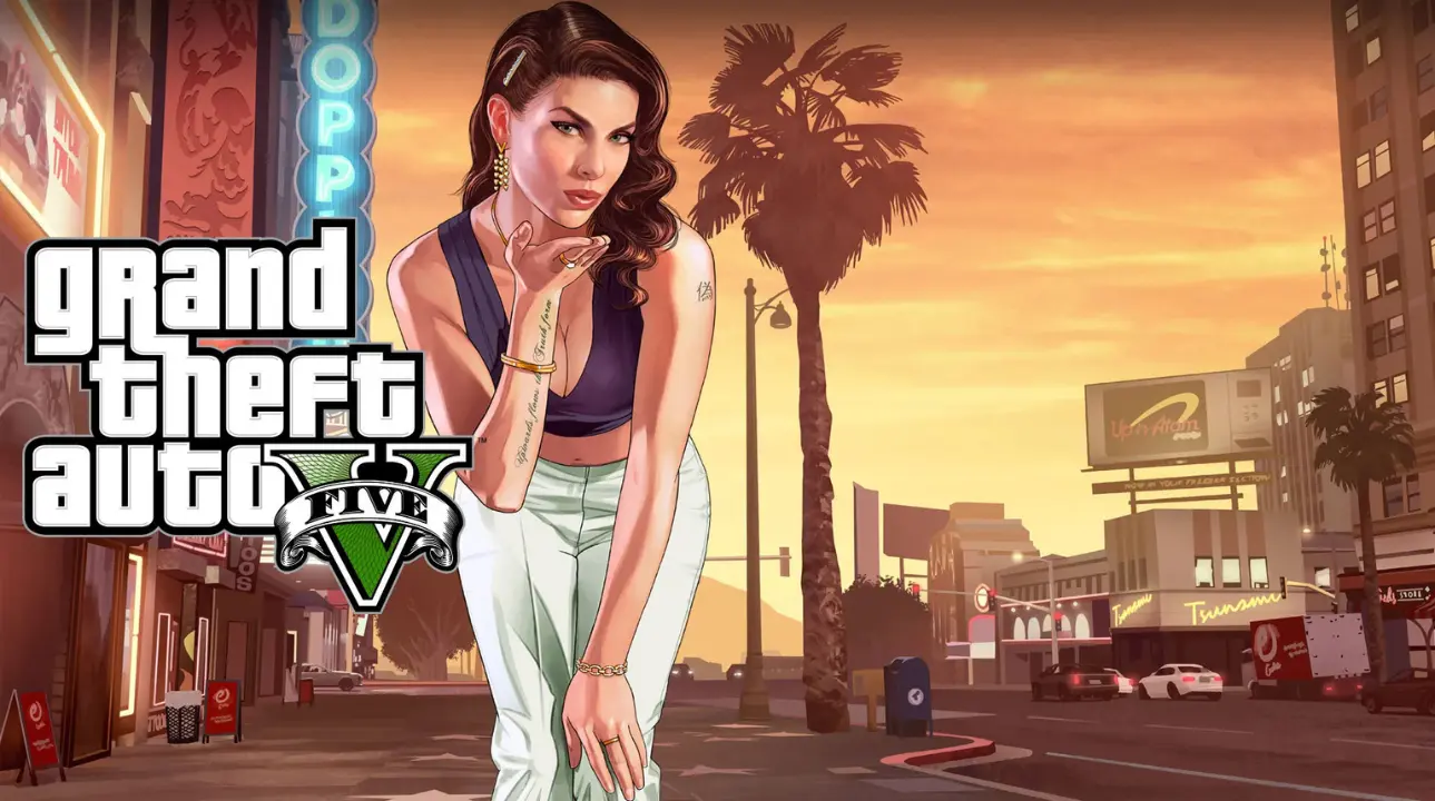 GTA V character blowing a kiss with the Grand Theft Auto V logo and Los Santos street background at sunset.