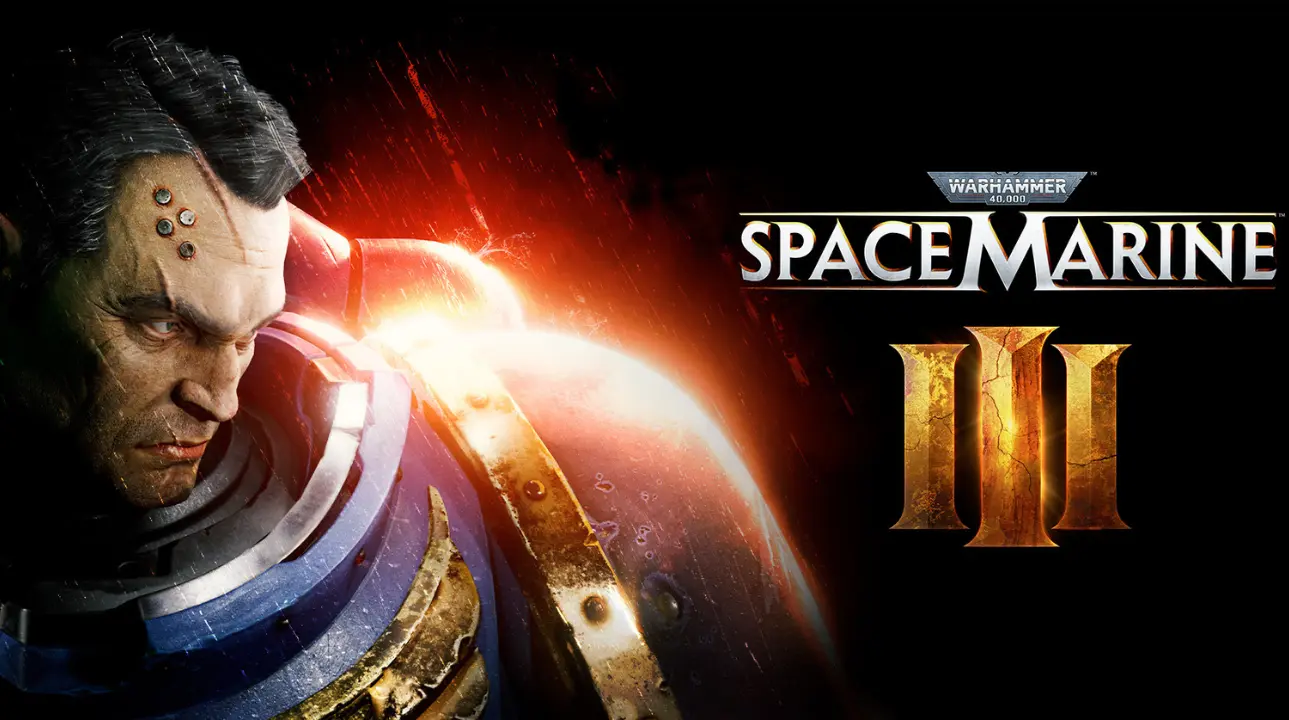Cover art for Warhammer 40,000: Space Marine 3 showing a Space Marine with glowing eyes and the official title logo.