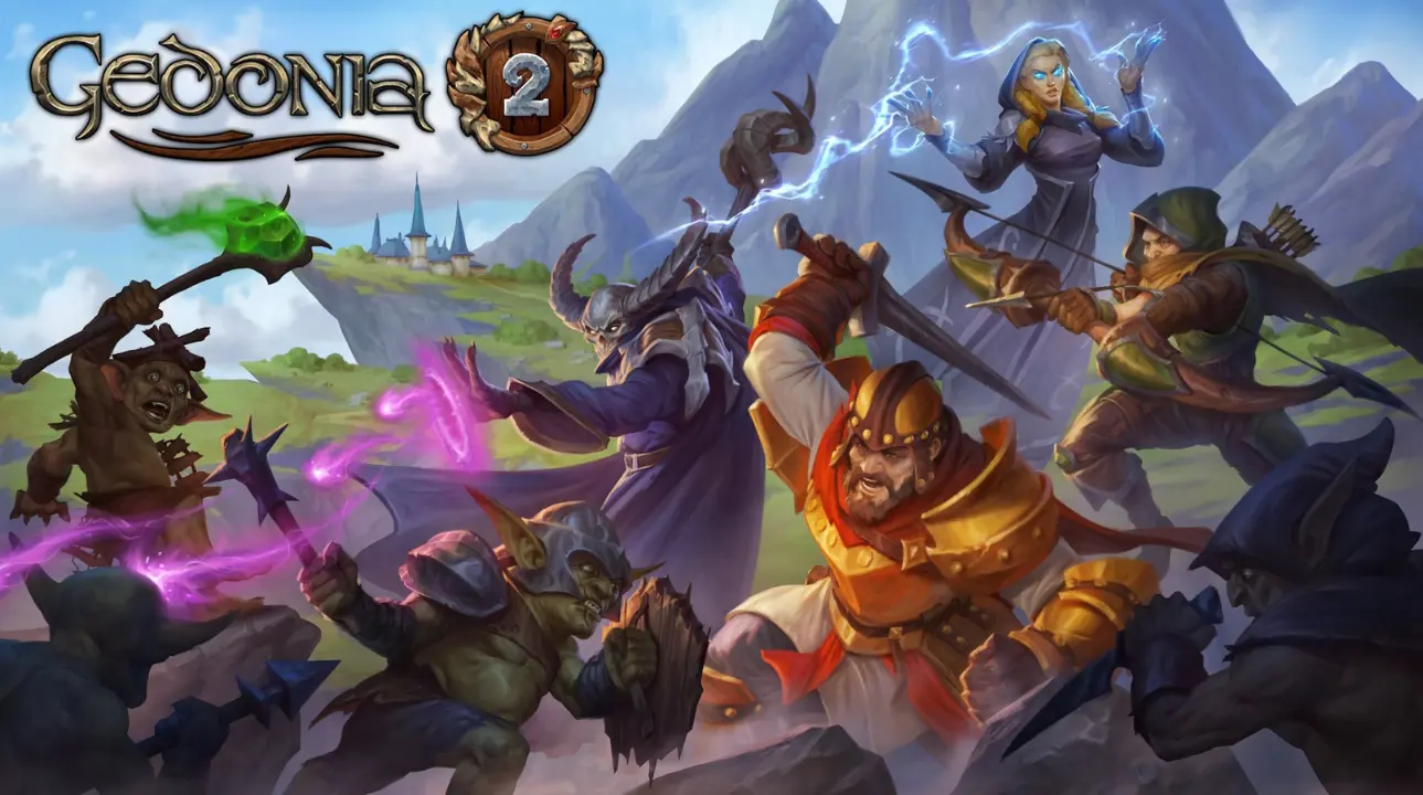 Artwork of Gedonia 2 showing multiple heroes ready for battle in a fantasy landscape