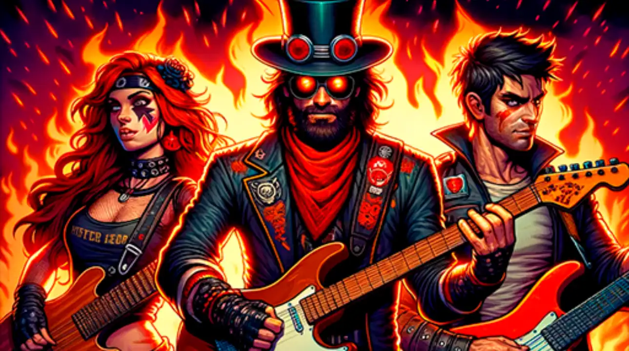 Guitar Hero Mobile characters with flaming guitars in promo art