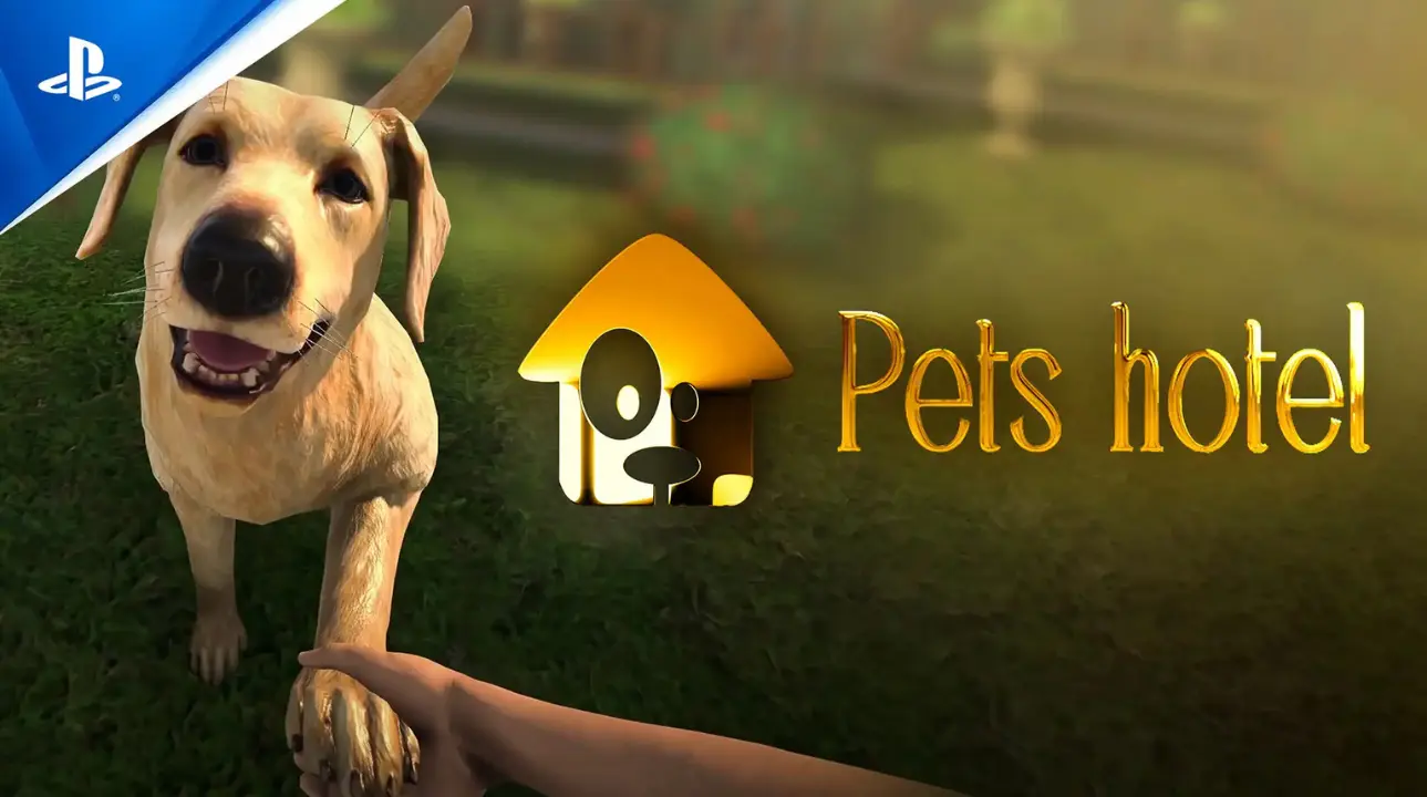 Dog shaking hand in Pets Hotel game on PlayStation 5 launch.