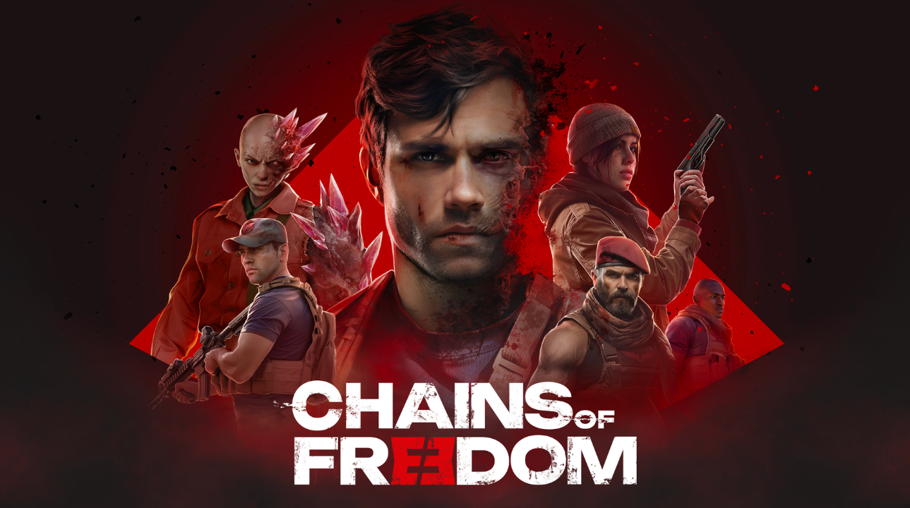 Promotional artwork for Chains of Freedom featuring the main protagonist and supporting characters in a red-and-black dystopian design, with the game title displayed prominently.