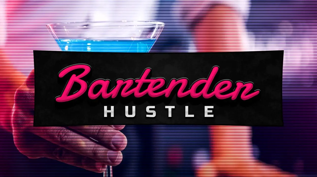 Bartender Hustle title screen with neon-lit bar background