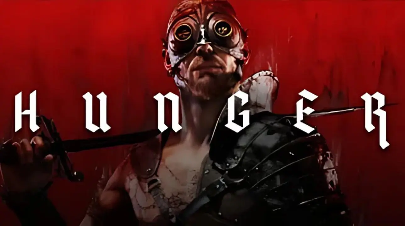 Promotional key art for Hunger: World After the End, showing a masked figure in a dark, red-toned post-apocalyptic setting