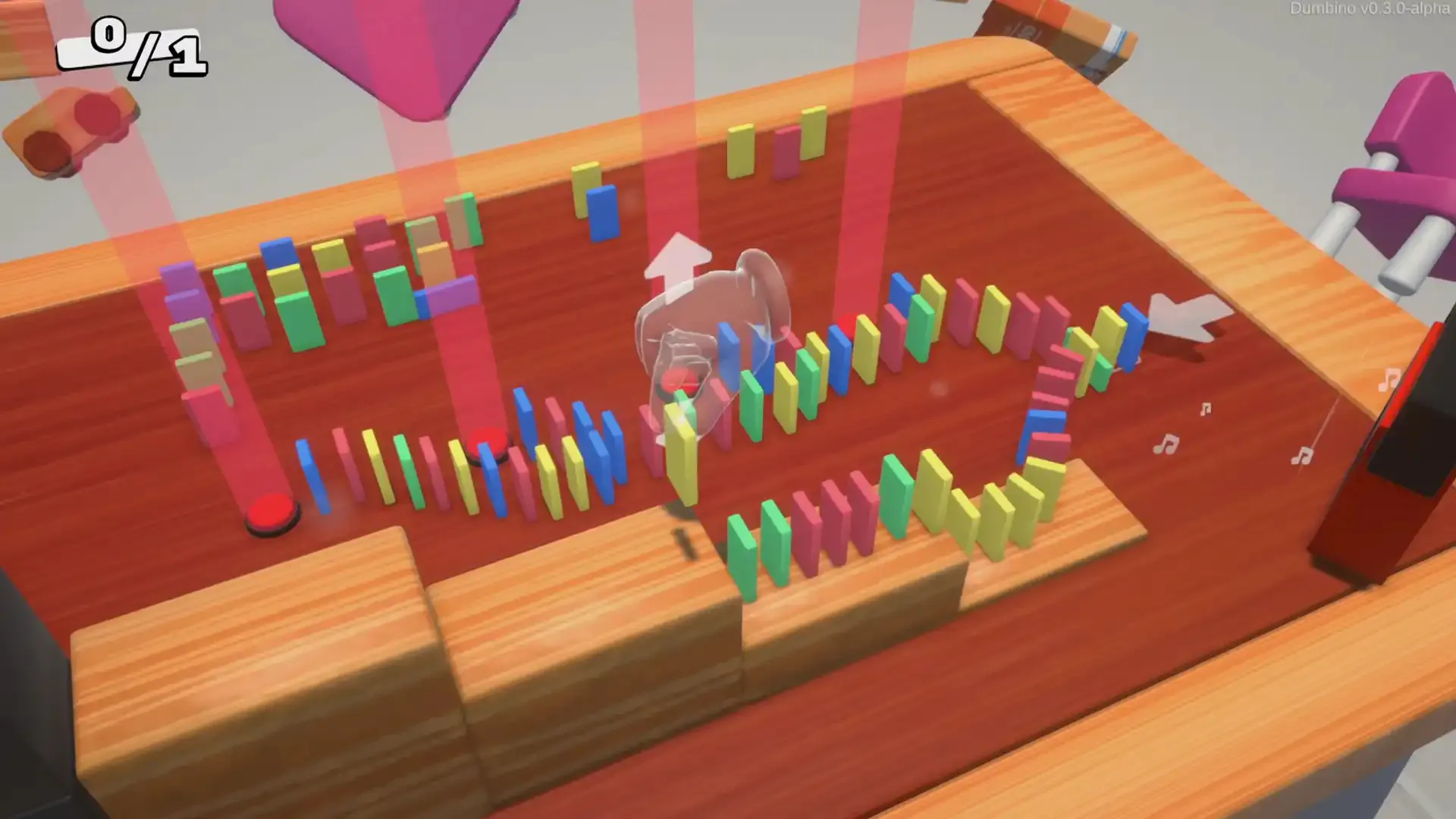 Dumbino gameplay Colorful domino chains and wooden obstacles on a tabletop in Dumbino.