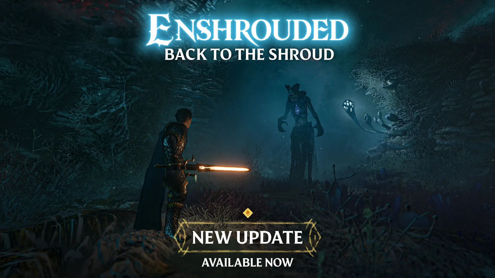 Artwork from the game Enshrouded showing a hooded archer aiming a bow alongside a mage and armored allies, surrounded by glowing blue light and shadowy forest enemies.