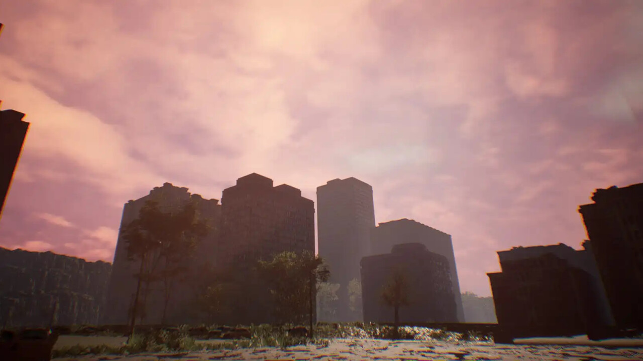 Sunset city skyline with silhouetted high-rises under pink clouds—atmospheric header for ZeNN interview on load shedding in game development.