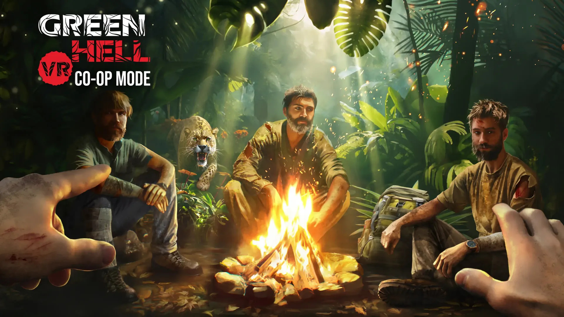 Three Green Hell VR players carefully walk across a fallen tree over a cliff in the Amazon jungle during co-op gameplay on Meta Quest.