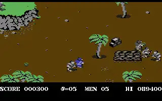 Gameplay screenshot from Commando (1985), showing Super Joe in action on the battlefield.