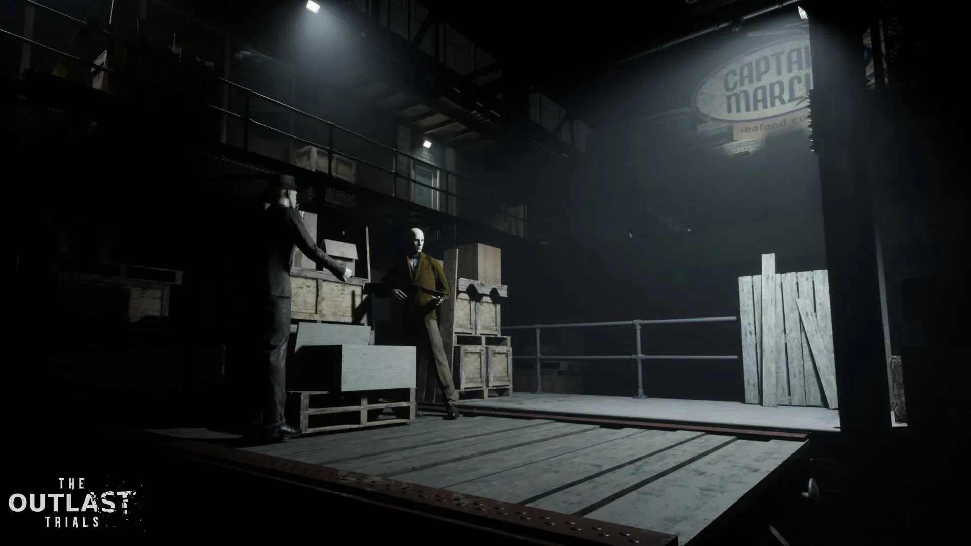 Three terrified test subjects wearing night-vision equipment in The Outlast Trials.