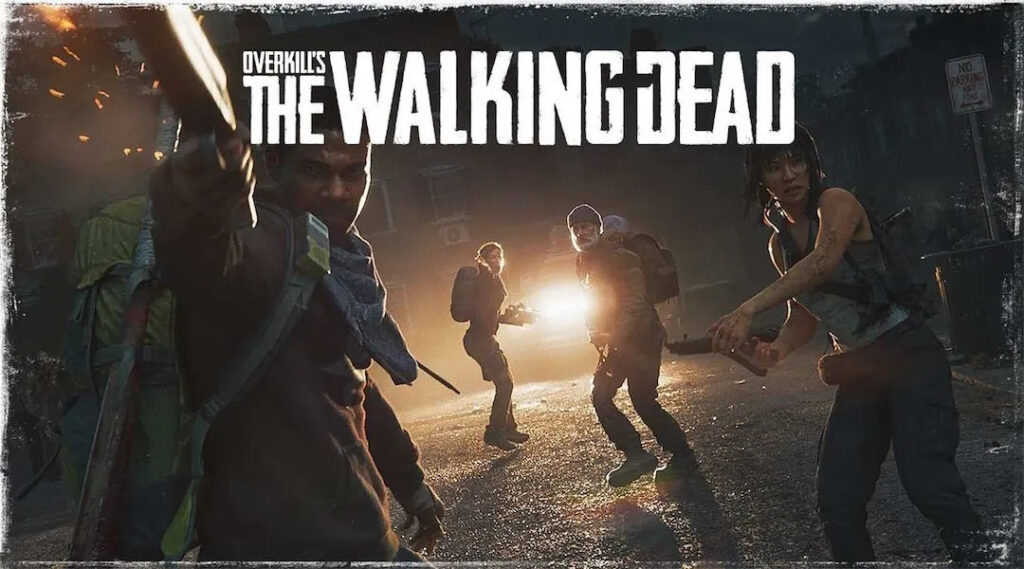 Overkill's The Walking Dead key art with four survivors fighting through a dark city street