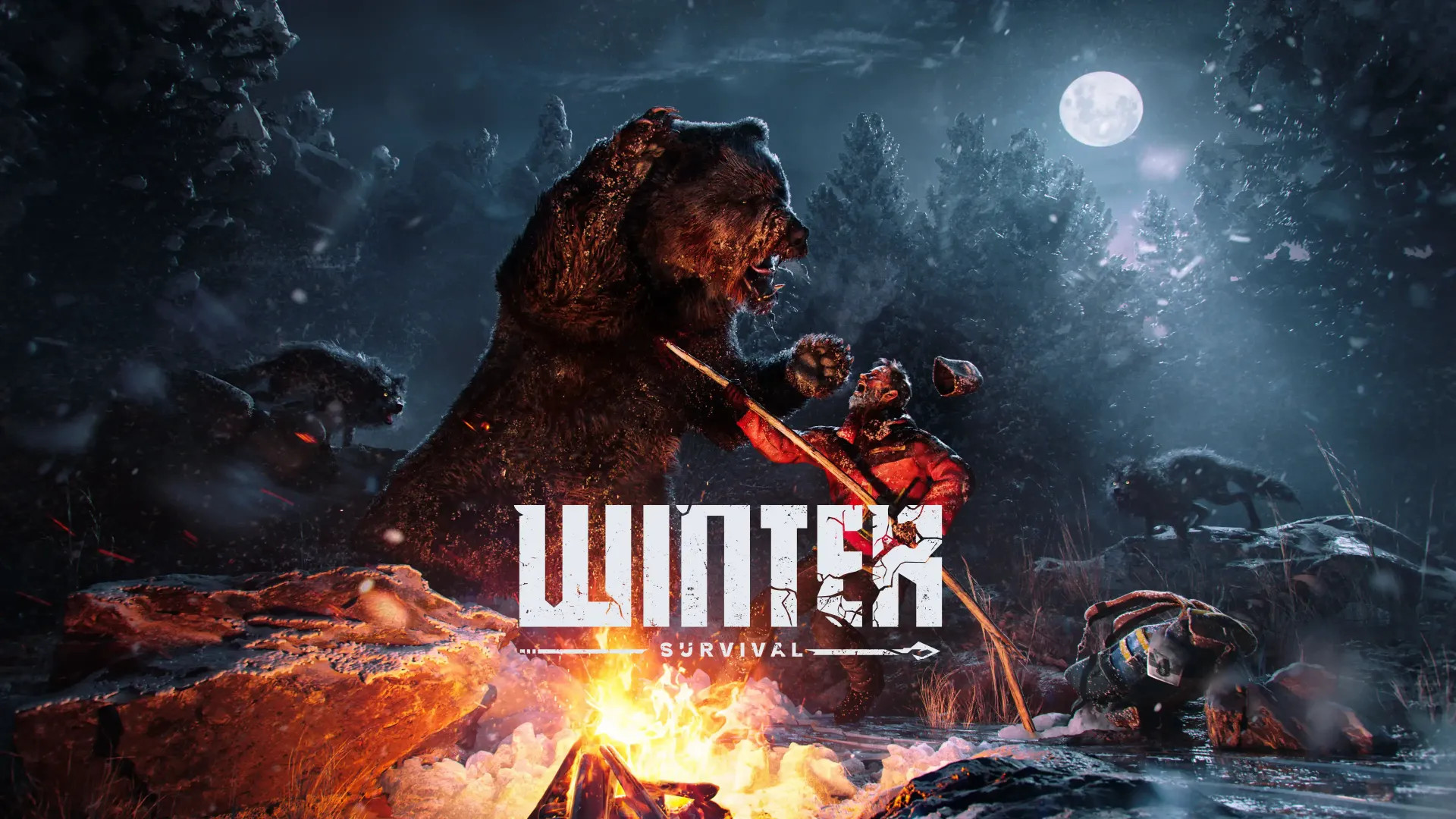 Man fights bear by campfire in snowy forest Winter Survival