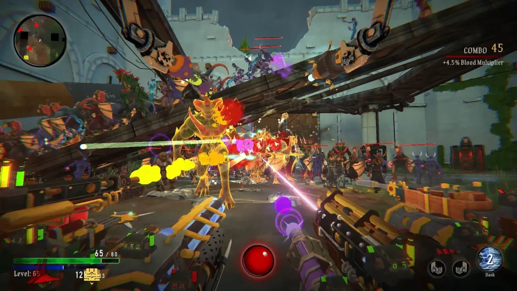 Vampire Hunters gameplay screenshot showing chaotic battles with multiple weapons and vampires