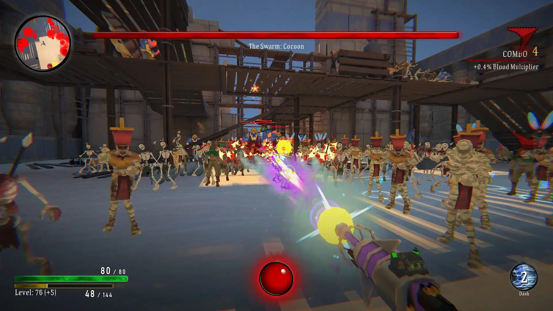Vampire Hunters gameplay showing a heated firefight in a gothic arena with multiple enemies and weapons