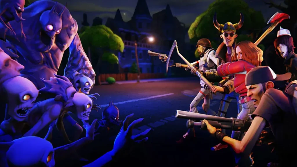 Fortnite characters armed with weapons facing a horde of zombies at night, showing tense battle action.