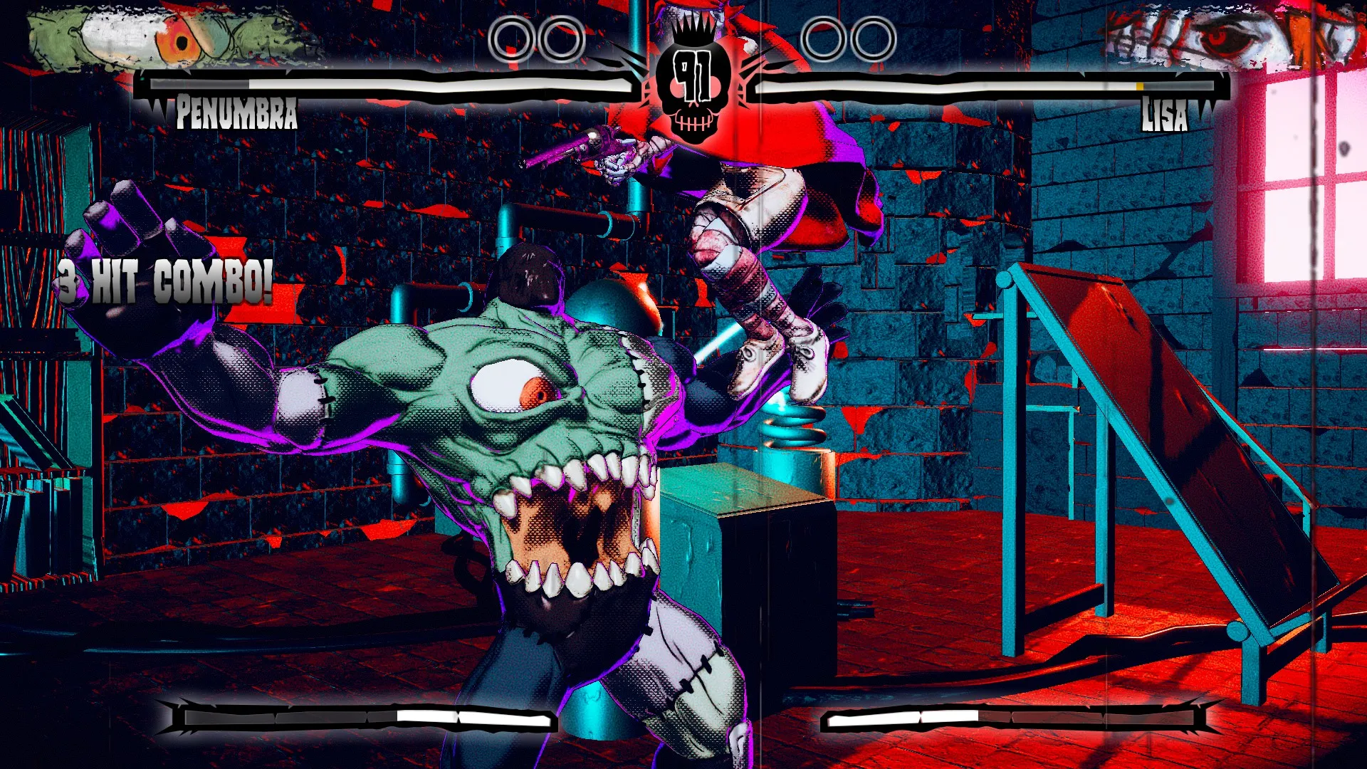 In-game screenshot of Monstroscopy showing a masked fighter and a grotesque monster battling