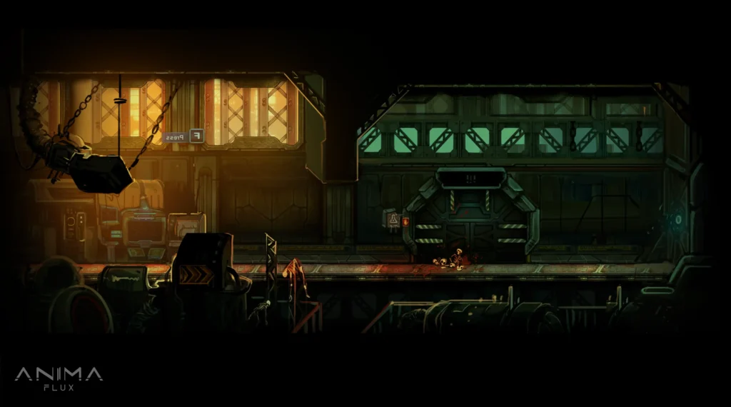 Dark sci-fi city background with glowing machinery and broken structures.