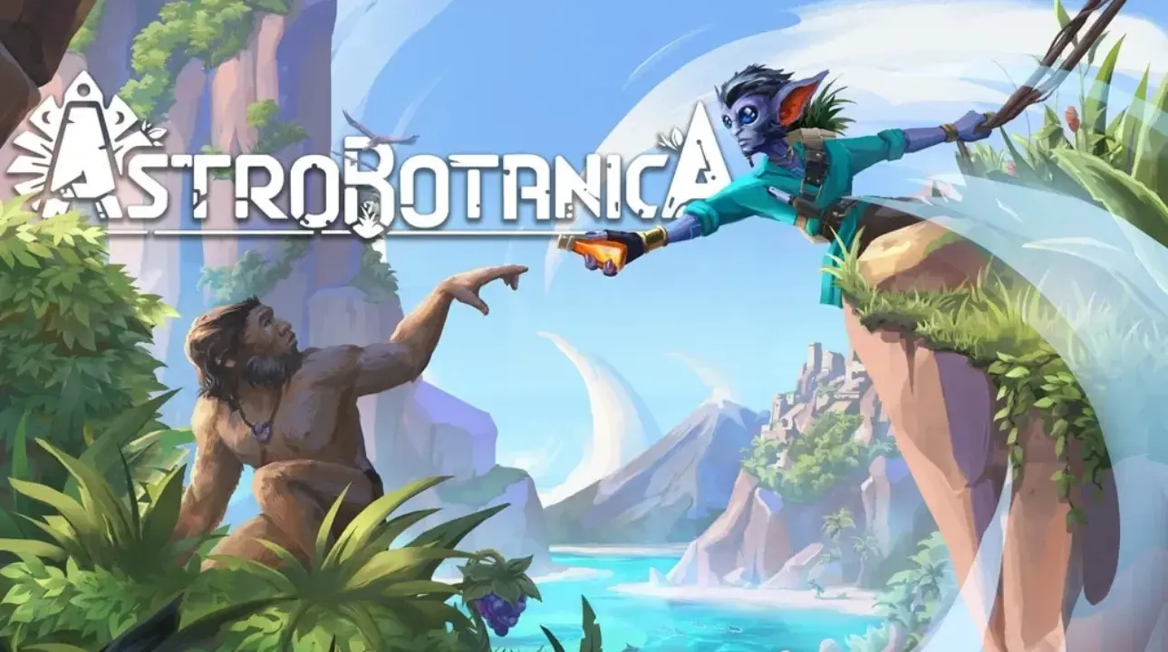 A blue alien botanist reaches out with a glowing vial toward a prehistoric human in a tropical landscape, mimicking Michelangelo's "Creation of Adam" – ASTROBOTANICA logo centered above them.