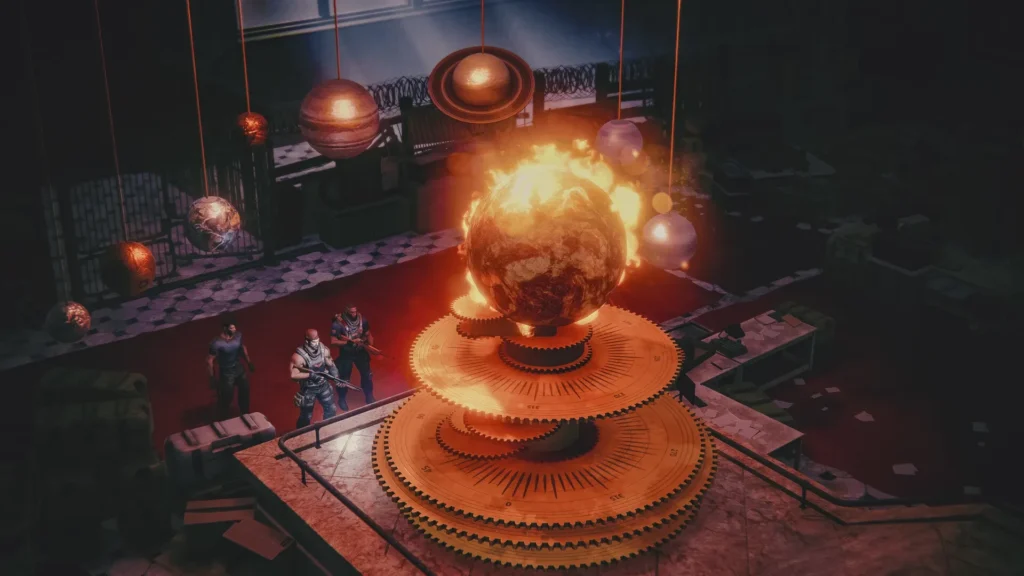 Chains of Freedom gameplay scene showing a fiery globe surrounded by planetary models, with soldiers observing a mechanical gear structure in a dark, dystopian lab.