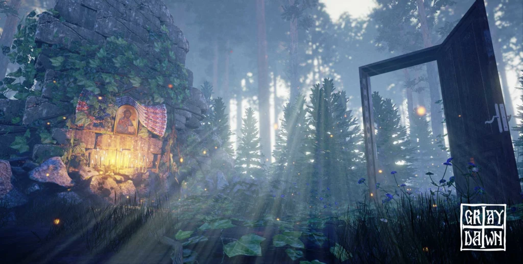 A glowing altar with religious icons and candles in the forest, surrounded by lush greenery in Gray Dawn