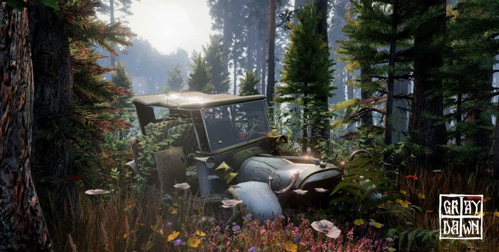 A rusted, abandoned vintage car surrounded by lush forest and colorful flowers in Gray Dawn.