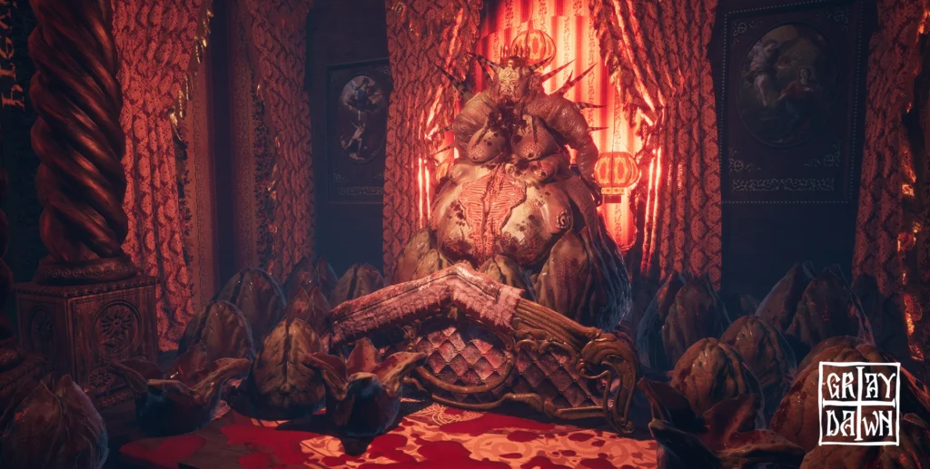 A grotesque throne scene from Gray Dawn, with a monstrous figure seated amid red drapery and surreal shapes.