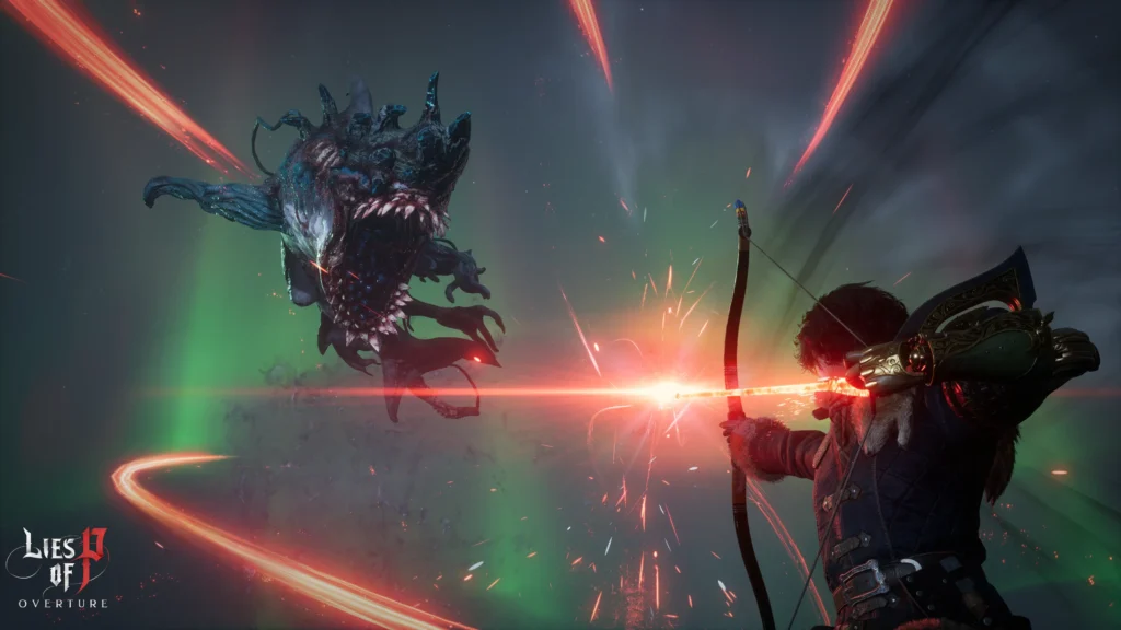 Combat scene from Lies of P: Overture DLC showing intense boss fight and Legion Arm attack