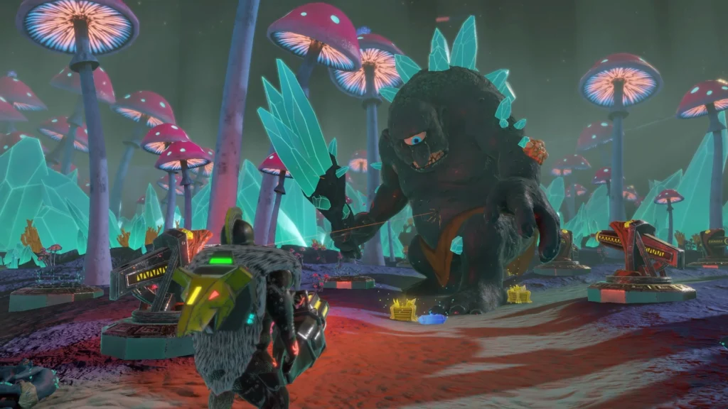 A massive one-eyed cyclops with crystal arms faces off against a Viking warrior in a bioluminescent mushroom forest of Midgard.