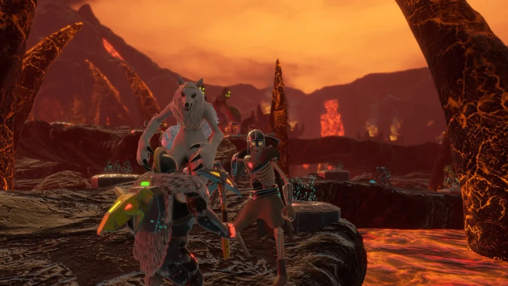 Lava-lit battleground where Viking fighters confront skeletal foes and a large white werewolf in the fiery lands of Muspelheim.