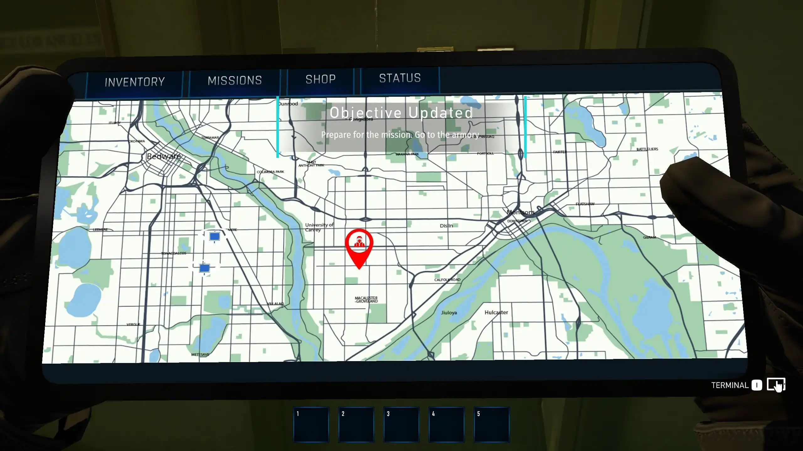 Tactical map interface in Riot Control Simulator: Rookie Day showing updated mission objective and city layout for planning next steps.