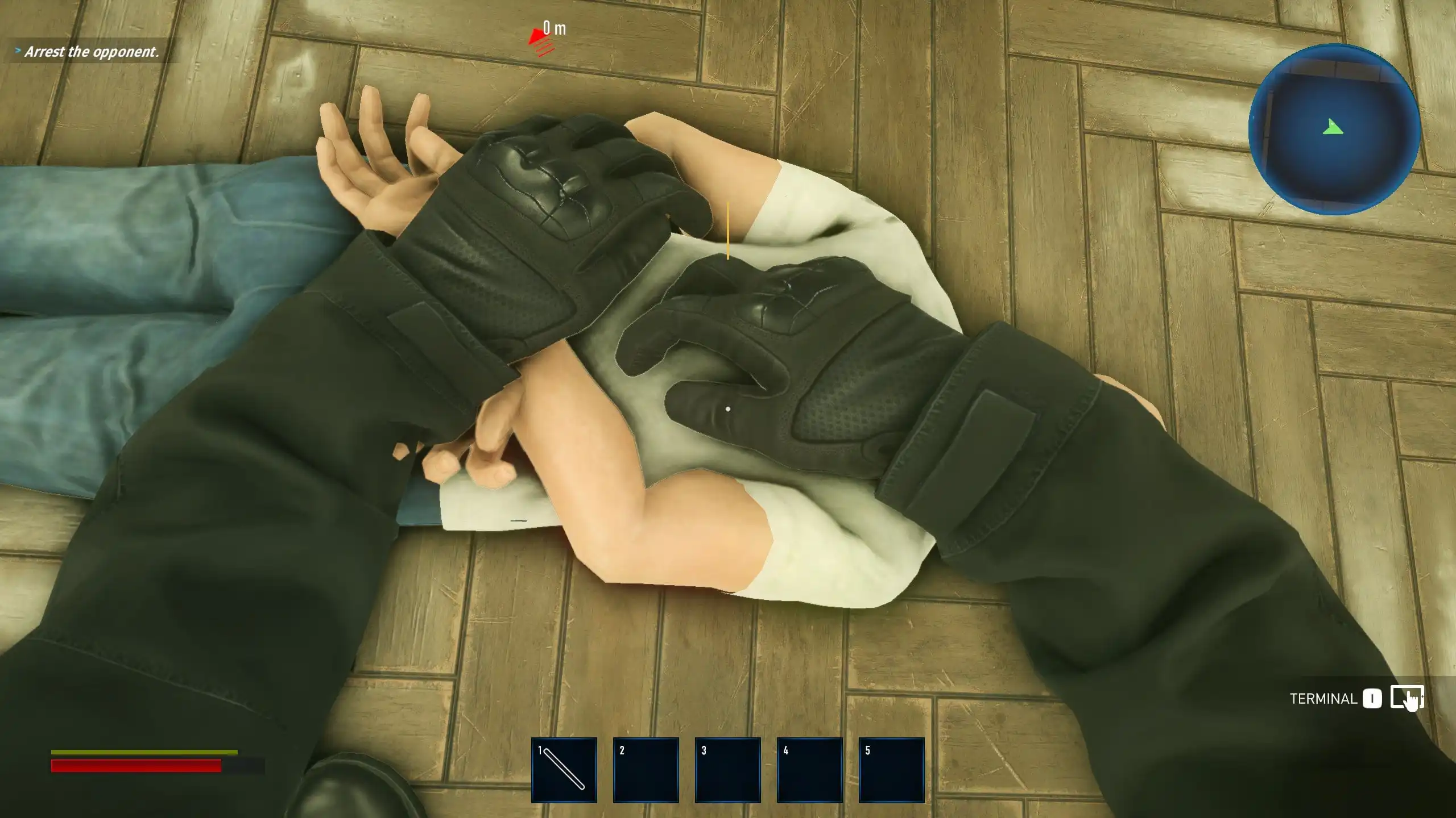 Player performs a takedown and arrest on a suspect during a mission in Riot Control Simulator: Rookie Day, highlighting the detainment mechanics.