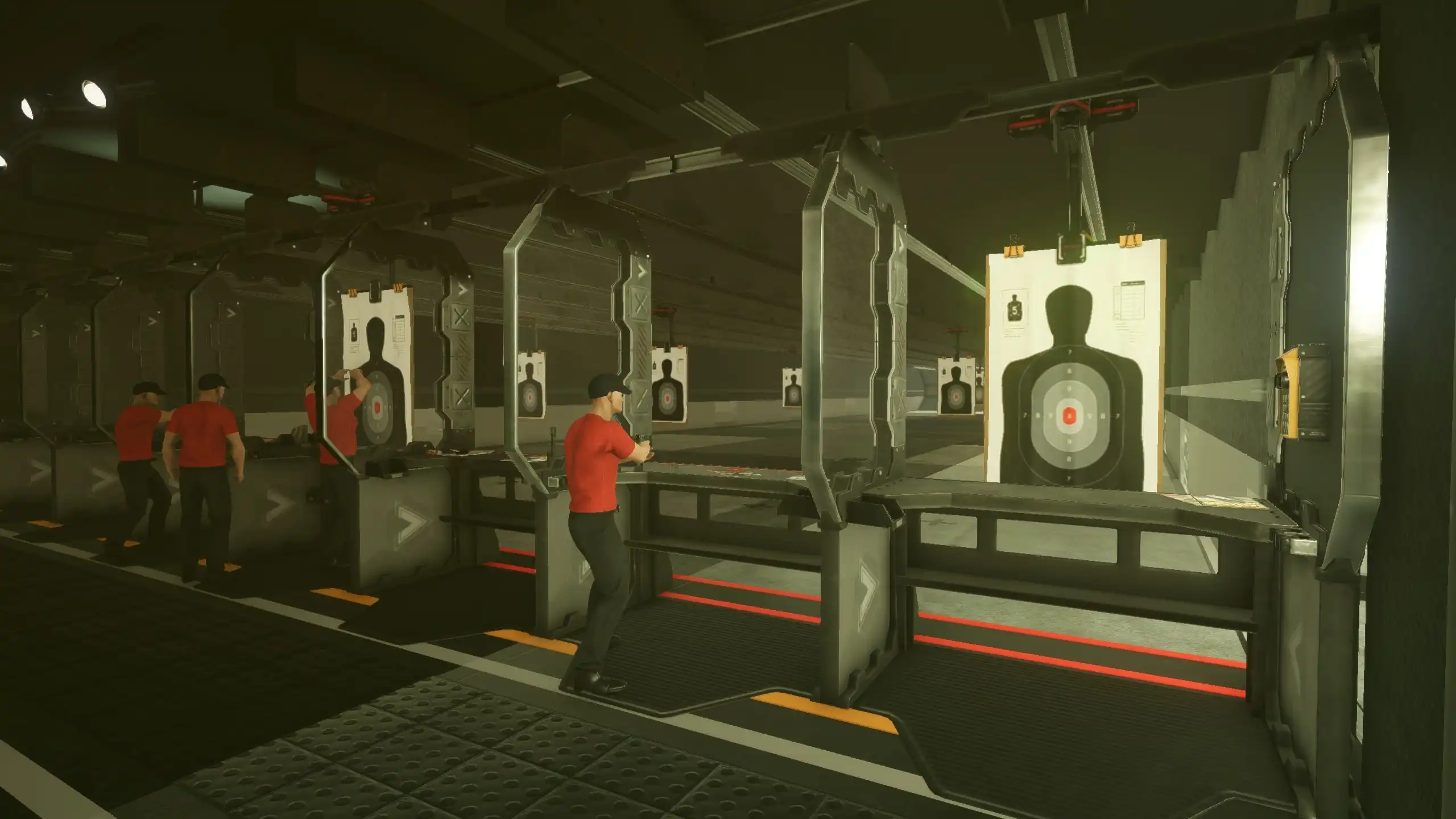 Recruits practicing firearm skills at an indoor shooting range in Riot Control Simulator: Rookie Day, preparing for active duty scenarios.