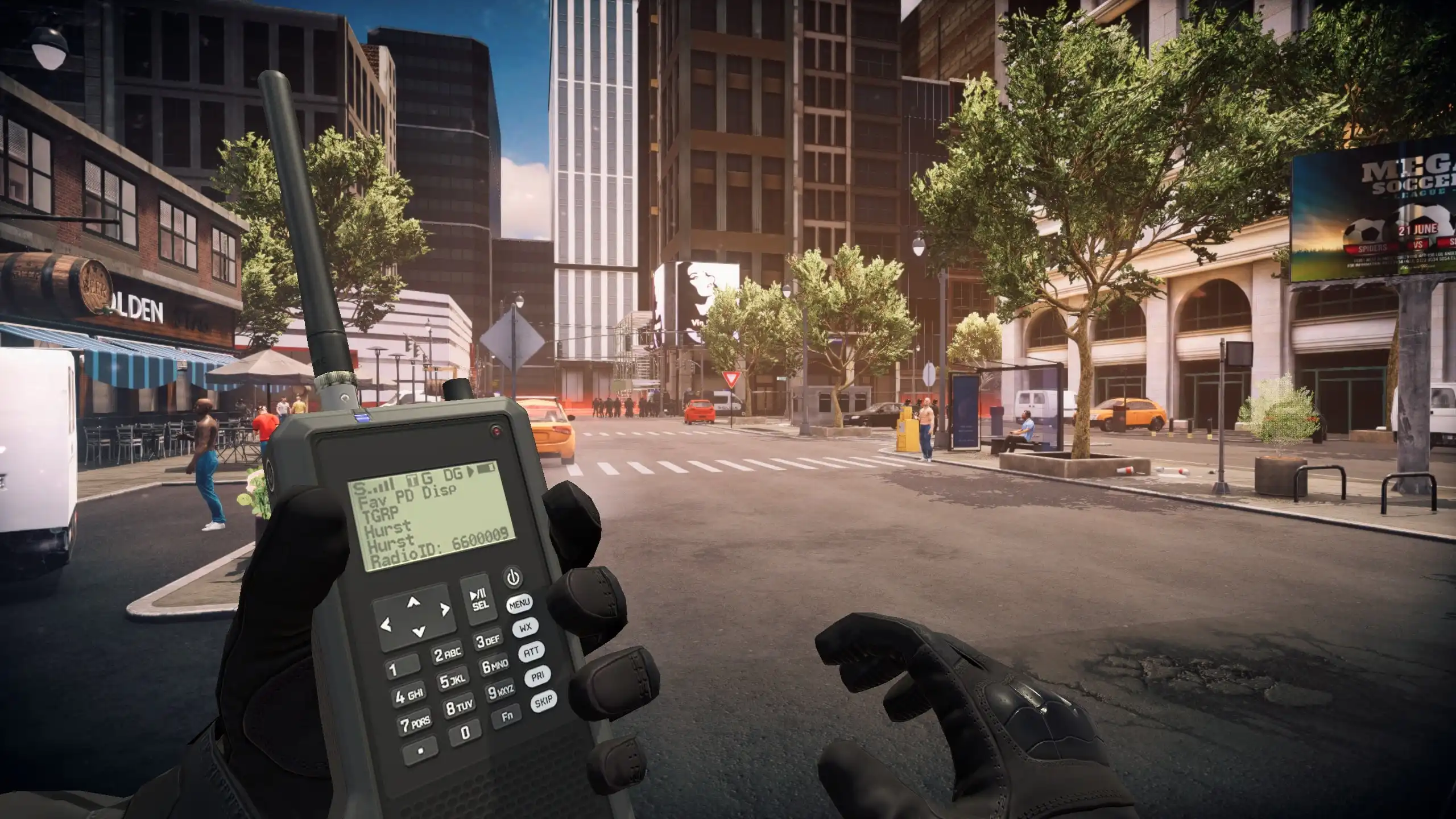 First-person view of a police officer using a tactical radio to coordinate actions in a city intersection during Riot Control Simulator: Rookie Day.