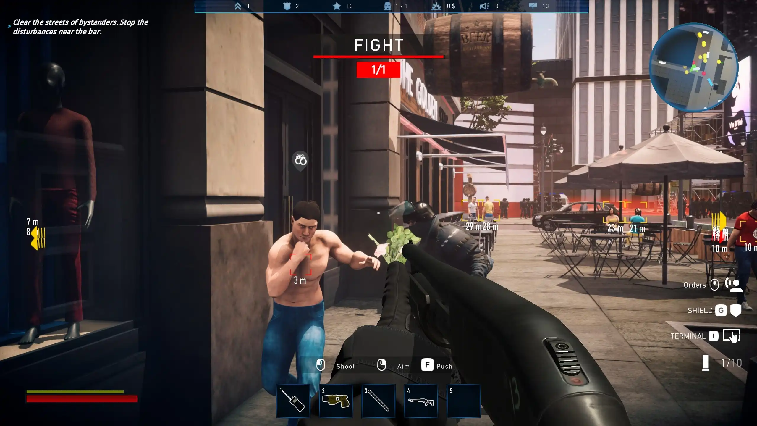First-person gameplay in Riot Control Simulator: Rookie Day showing a police officer confronting an aggressive shirtless protester near a city bar.