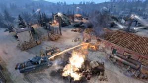 Flamethrower tank attack on enemy outpost in Company of Heroes 3