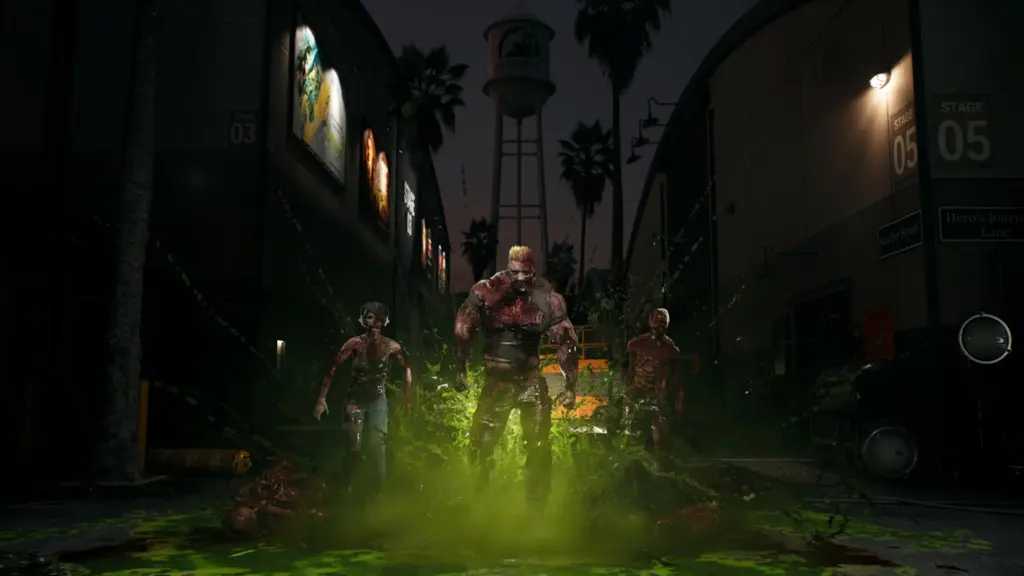 Zombies emerge from a glowing green toxic spill on a dark street in Dead Island 2’s SoLA DLC.