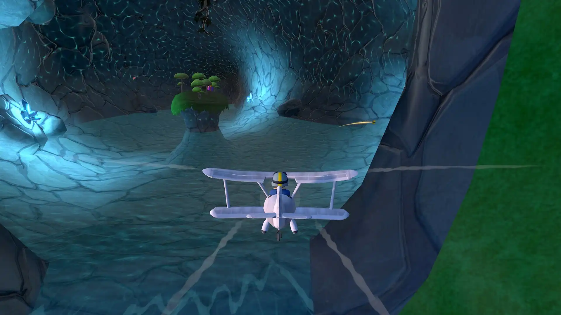 Stunt Flyer gameplay image showing a colorful aircraft performing stunts in an open landscape.