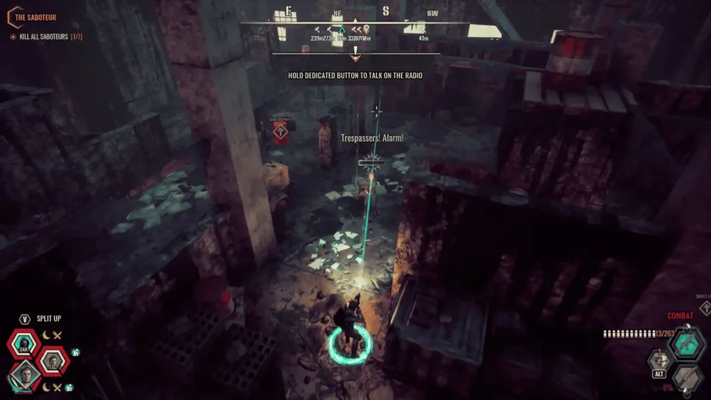 Survive the Fall screenshot with player-controlled survivors exploring a ruined, dimly lit structure.

