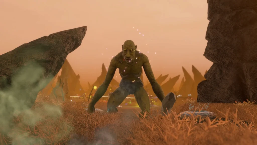 A towering troll-like creature emerges from orange-hued alien terrain surrounded by jagged black rock formations in Svartalfheim.