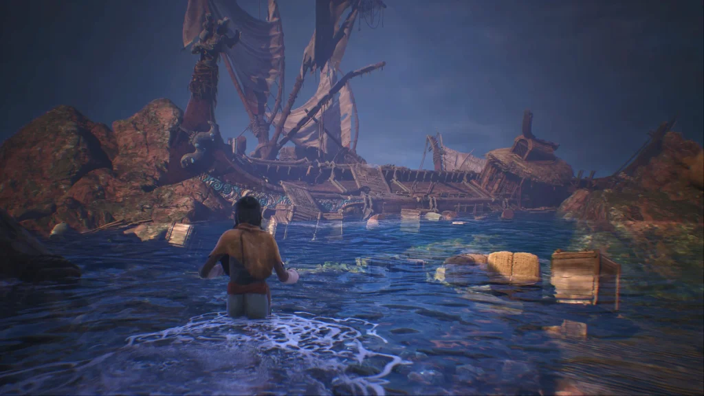 A character wades through water toward the wreckage of a massive, ancient ship under a moody night sky, surrounded by floating crates and broken sails.
