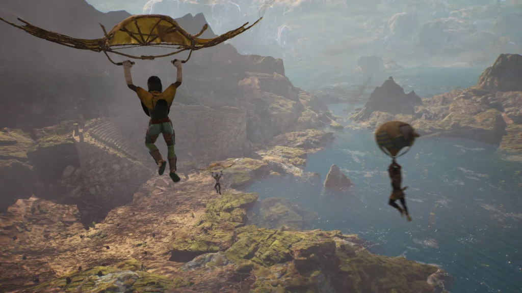 Two players glide through the air using gliders above a lush coastal landscape, with ocean cliffs, islands, and ancient ruins visible below.