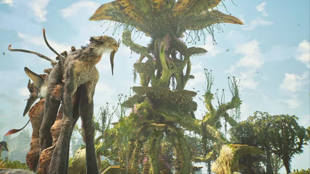 A towering, fantastical tree with spiraling green limbs dominates the scene, as a massive four-legged alien creature with tusks stands in the foreground under a bright sky.