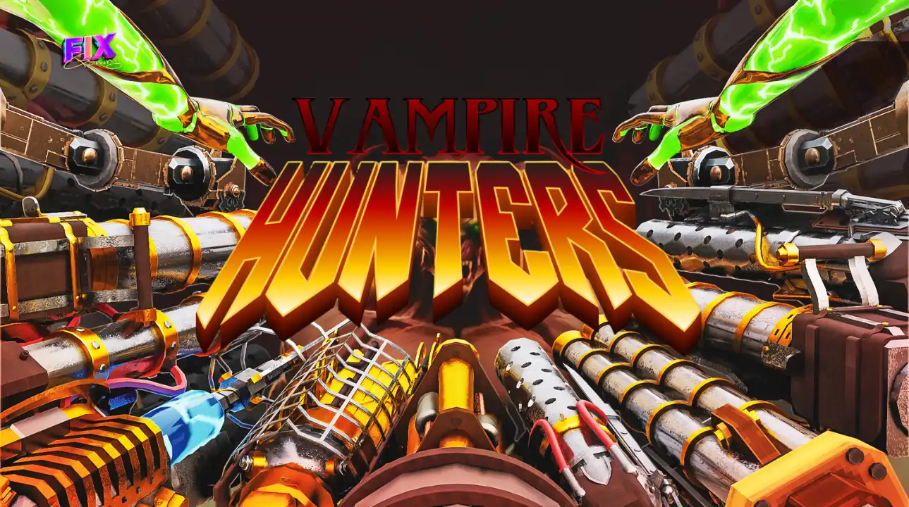 Vampire Hunters game artwork showcasing chaotic battles with stacked weapons