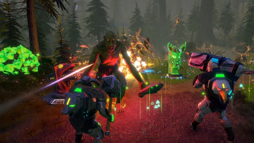 Intense battle scene in a forest as armored Viking warriors clash with alien beasts and glowing tech towers in Vanaheim.